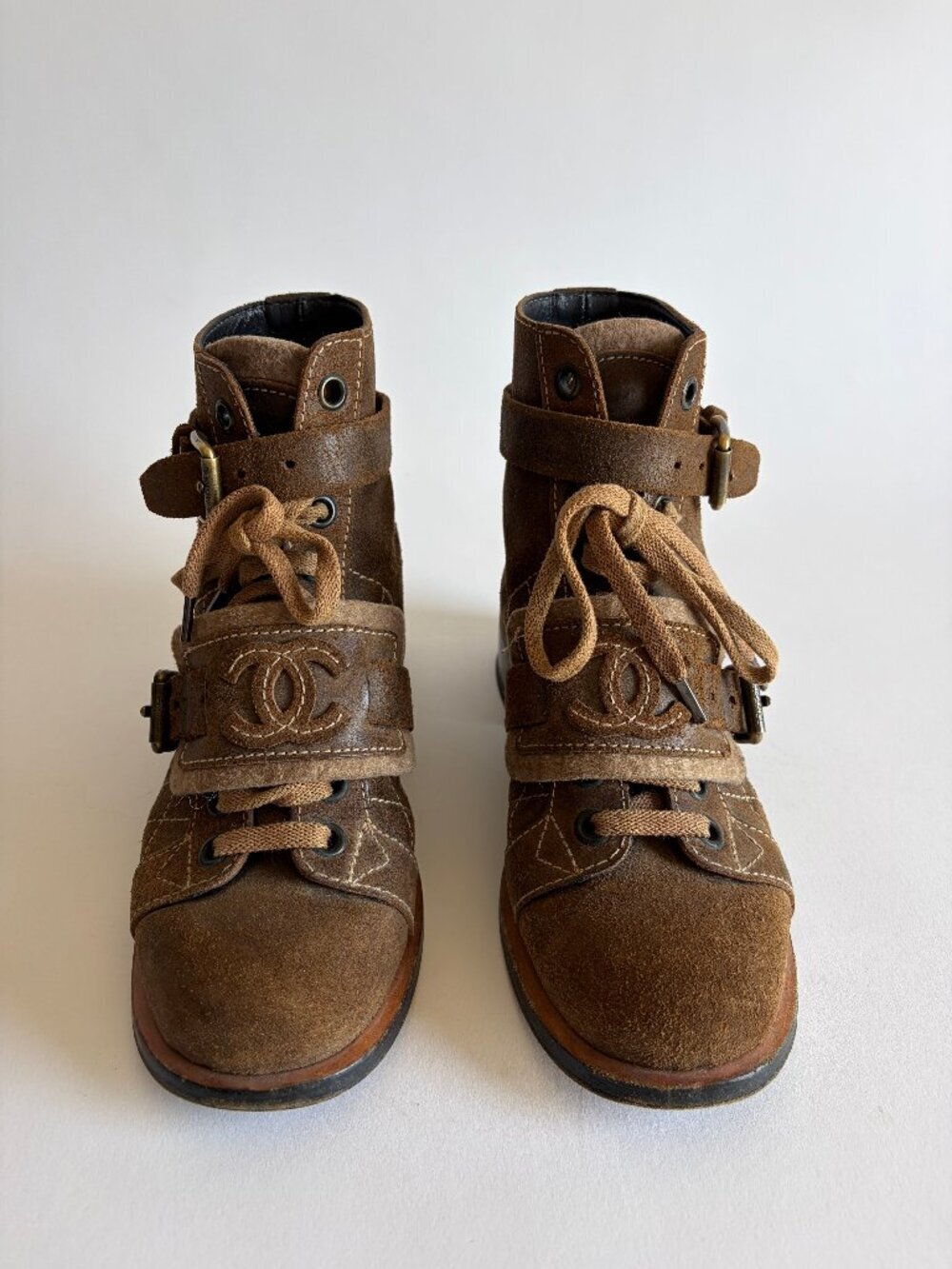 Chanel Vintage Suede Brown Lace Combat Boots Size 38.5